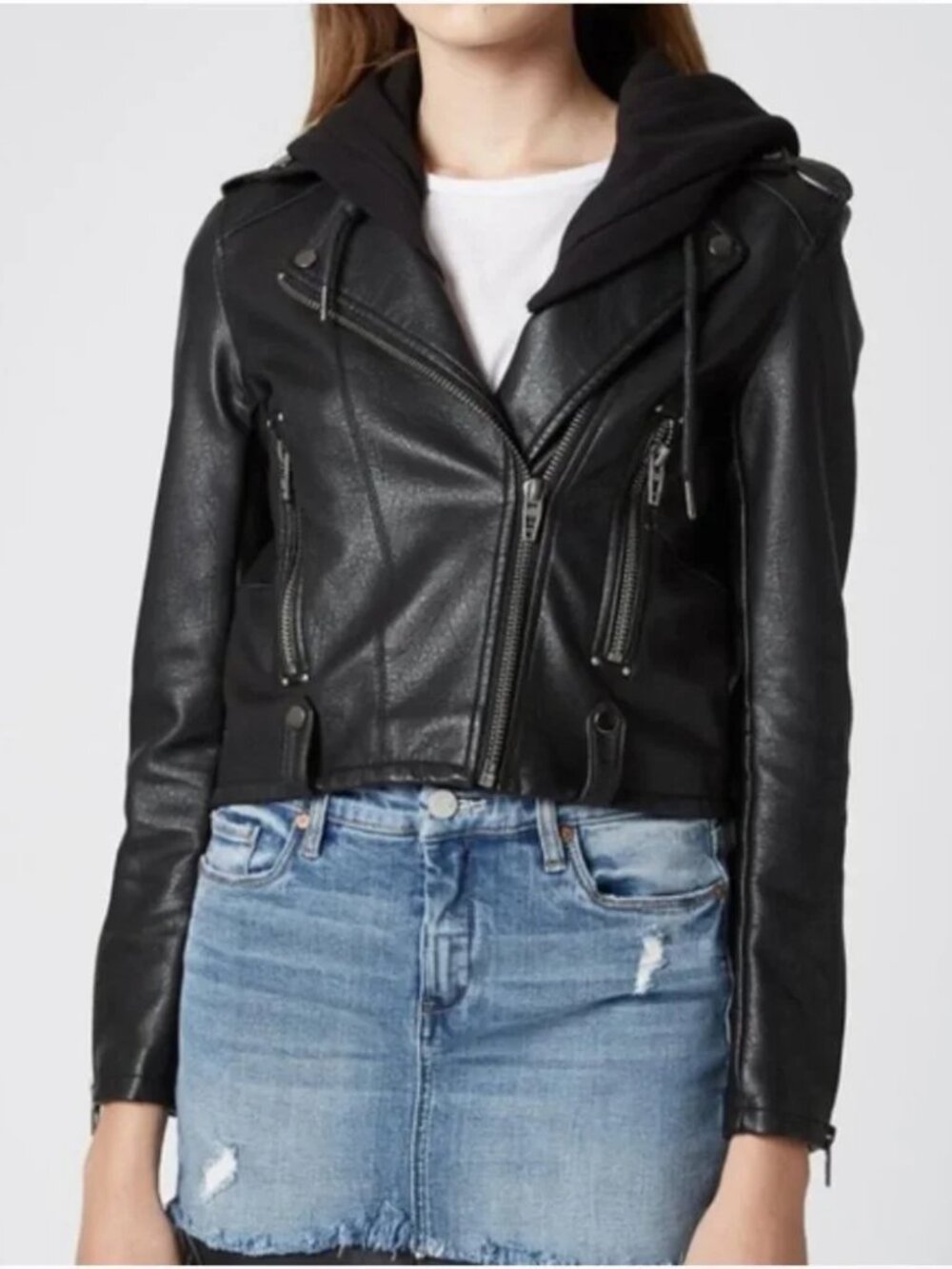 BlankNYC Faux Leather Moto Jacket With Removable Hood | Medium